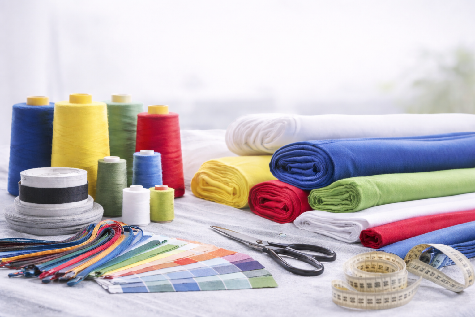 Raw materials used in custom apparel manufacturing including fabric rolls and trims