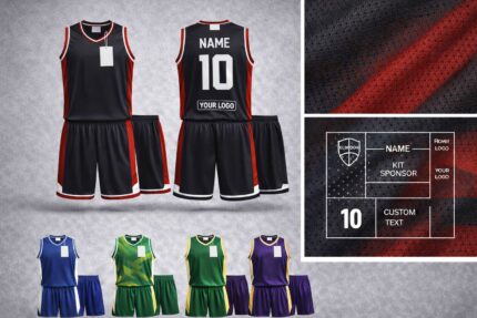 Custom basketball uniforms with personalized name, number, and logo options for teams and clubs.