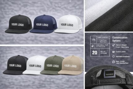 Custom baseball and trucker hats with mesh back, snapback closure and private label branding