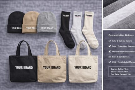 Custom beanies, socks and tote bags with private label branding and logo customization