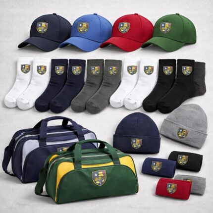 School accessories including caps, socks, beanies, and sports bags with embroidered logo
