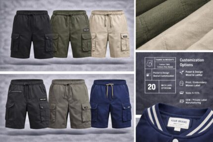 Custom cargo shorts showing multiple colors with functional pockets, durable fabric texture and private label branding