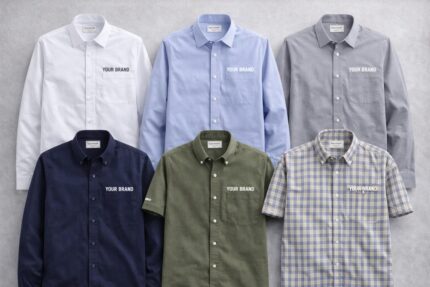 Custom casual shirts showing multiple colors, short and long sleeve styles with embroidered logo and premium fabric finish