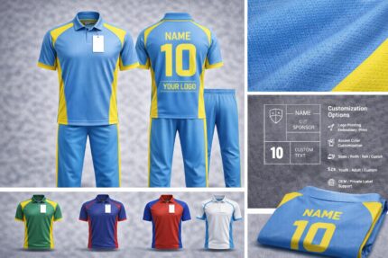 Custom cricket uniforms showing front and back view with player name, number, logo customization and multiple color options