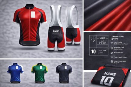 Custom cycling kit with breathable jersey and padded shorts featuring personalized name, number, and logo.