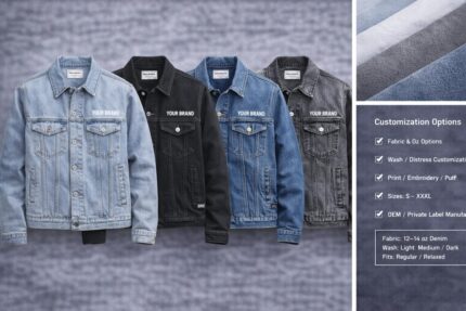 Custom denim jackets in multiple washes with private label branding and streetwear design