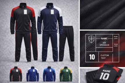 Custom tracksuit set with jacket and pants featuring personalized logo, name, number, and team colors