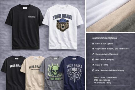 Custom graphic t-shirts showing oversized streetwear fit with bold graphic prints, premium fabric texture, and multiple color options