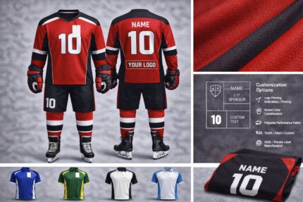 Custom ice hockey uniform with jersey, shorts, socks, and gloves featuring personalized name, number, and logo