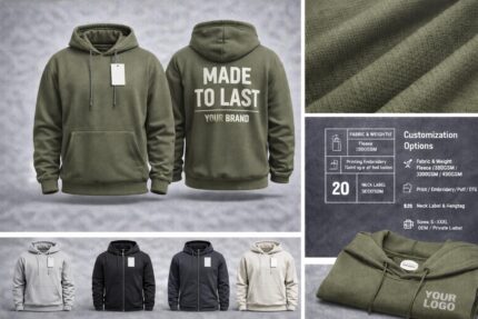 Custom hoodies showing front and back views with logo printing, fleece fabric texture, oversized fit and multiple color options
