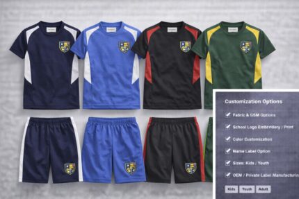 Custom kids sports kits with school logo embroidery and color customization