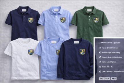 Custom kids polo shirts t-shirts and sweatshirts with school logo embroidery