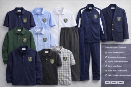 Kids school uniforms with embroidered school logo including shirts polos tracksuits and blazers