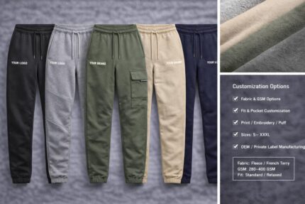 Custom joggers and sweatpants showing fleece fabric texture, relaxed streetwear fit, logo branding and multiple color options