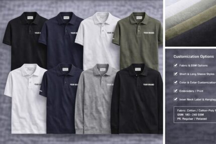 Custom polo shirts showing multiple colors with embroidered logo, short and long sleeve styles, and premium fabric finish
