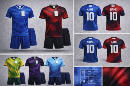 Custom football kits with sublimated jerseys and shorts featuring personalized name, number, logo, and team colors.