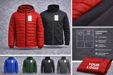 Custom sports outerwear jackets showing insulated and softshell styles with logo embroidery, zipper customization and multiple color options