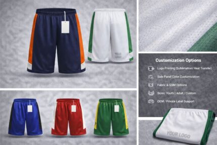Custom sports shorts showing multiple color options with logo printing, side panel customization and performance fabric