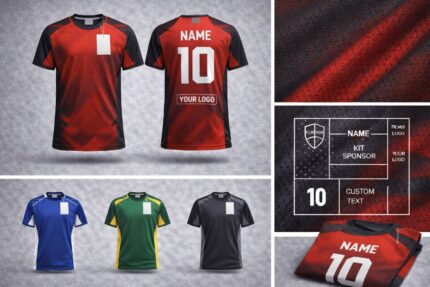 Custom training t-shirts showing front and back view with logo, name, number customization and multiple color options