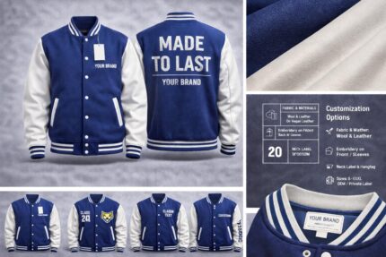 Custom varsity jackets with wool body, leather sleeves, embroidery and private label branding