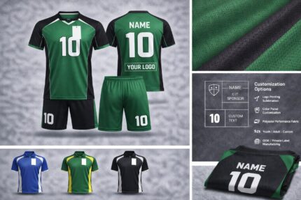 Custom volleyball kits showing front and back view with player name, number, logo customization and multiple color options