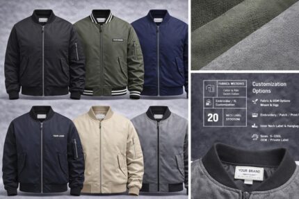 Custom windbreaker bomber jackets with ribbed collar, zipper closure and private label branding